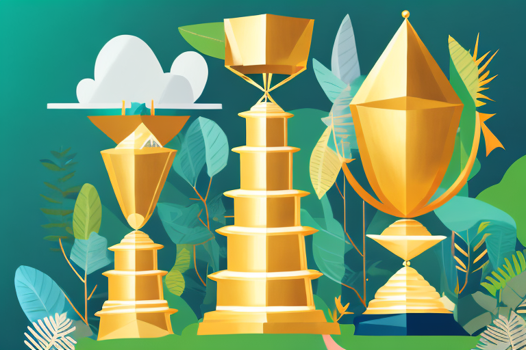 A stack of variously shaped and colored books with a golden trophy on top
