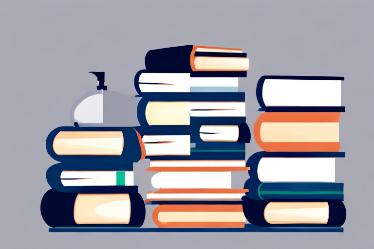 A stack of used textbooks next to a stylized