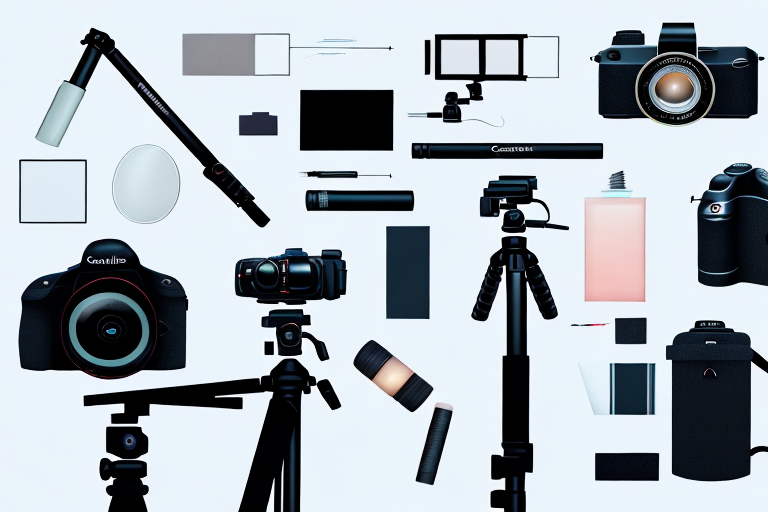 A camera on a tripod focused on a well-lit product setup