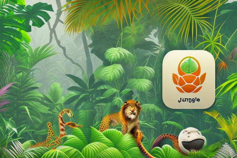 A jungle landscape with various software icons represented as exotic plants and animals