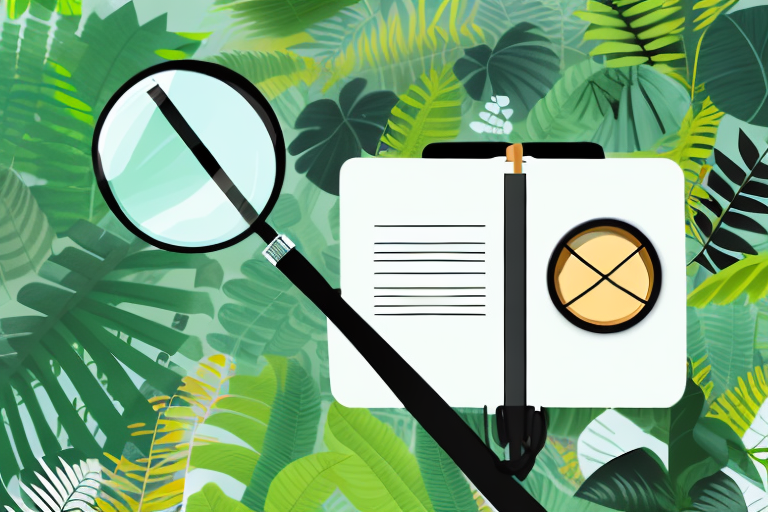 A magnifying glass over a lush jungle with amazonian products like a tent