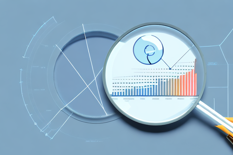 A magnifying glass hovering over a digital screen displaying various bar graphs and pie charts