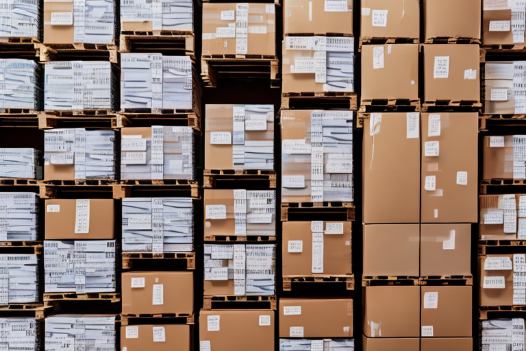 A digital calculator next to a neatly stacked pallet of boxes in a warehouse