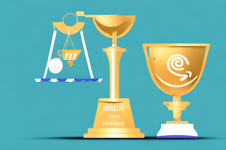 A balanced scale with various ecommerce tools on one side and a golden trophy labeled "best amazon repricer" on the other side