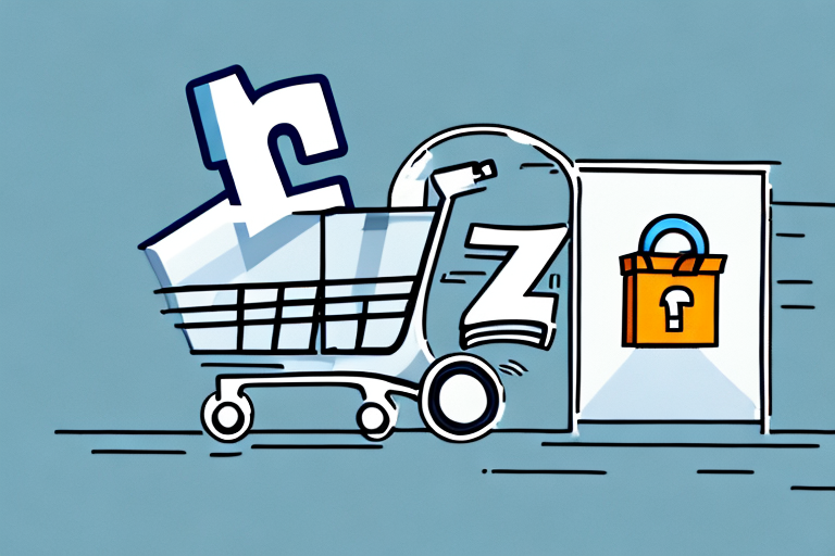 A symbolic representation of a facebook ad being a driving force propelling a package (symbolizing an amazon product) towards a shopping cart