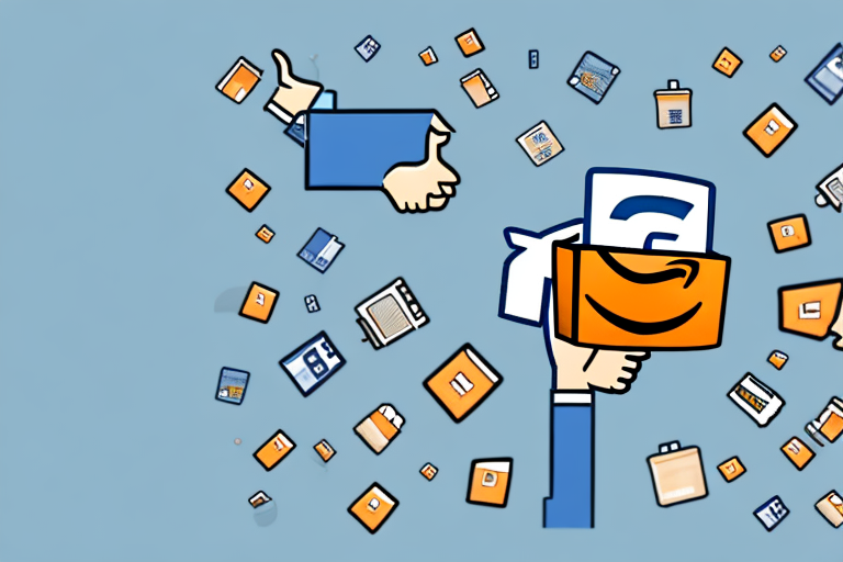 An amazon package being lifted by a bunch of facebook 'like' thumbs-up icons