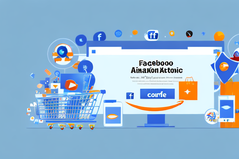 A computer screen displaying a facebook ad interface with an amazon product image and a shopping cart icon