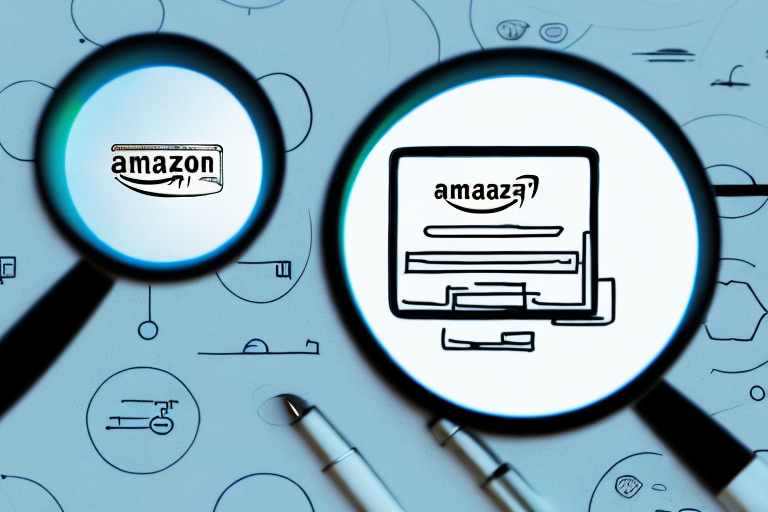 A magnifying glass hovering over a computer screen displaying an amazon product listing