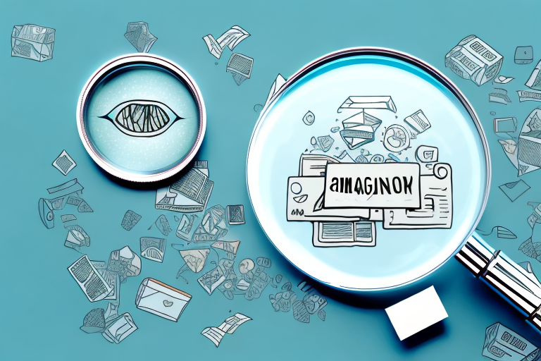 A magnifying glass hovering over a stylized amazon product box
