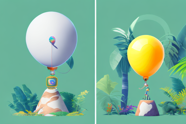 A balanced scale with a helium balloon on one side and a jungle explorer's hat on the other