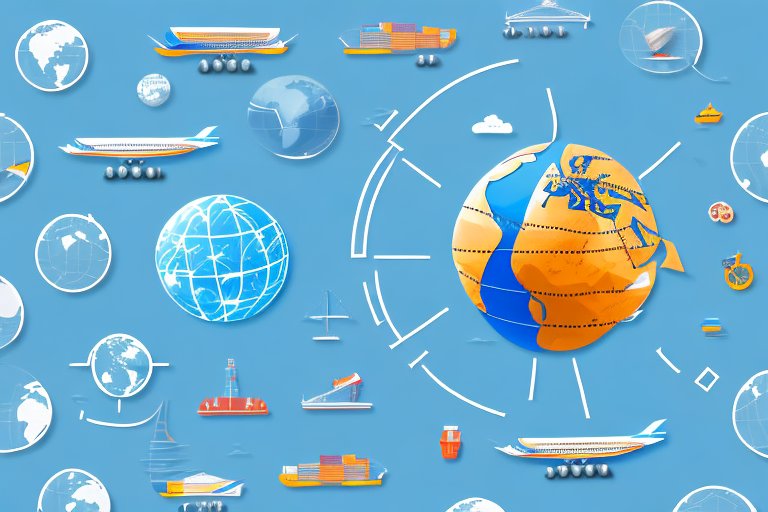 A globe with different transportation modes like ships