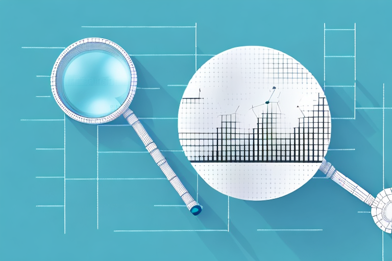 A magnifying glass hovering over a 3d bar graph showing increasing sales