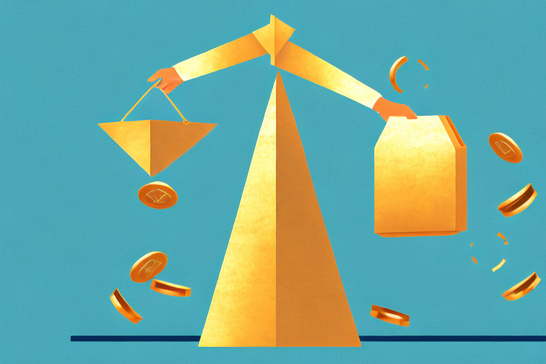 A scale balancing a box symbolizing amazon fba and a bag of gold coins to represent the initial investment