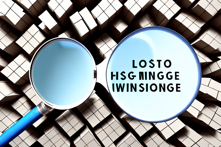 A magnifying glass hovering over a warehouse full of boxes
