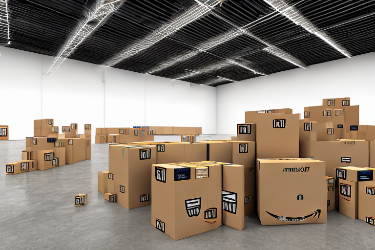 An empty warehouse with amazon-branded boxes scattered around