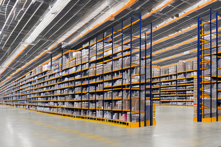 An amazon warehouse with rows of empty shelves symbolizing non-inventory
