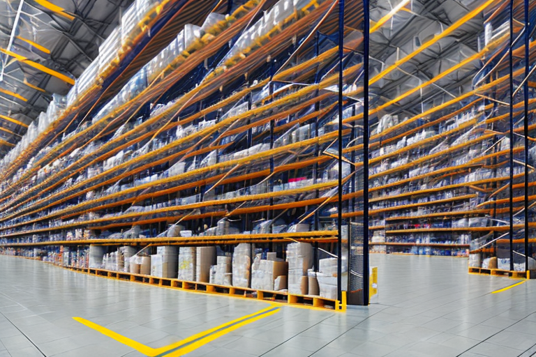 A vast warehouse filled with various types of products stacked on shelves