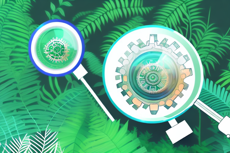A magnifying glass focusing on a stylized amazon rainforest