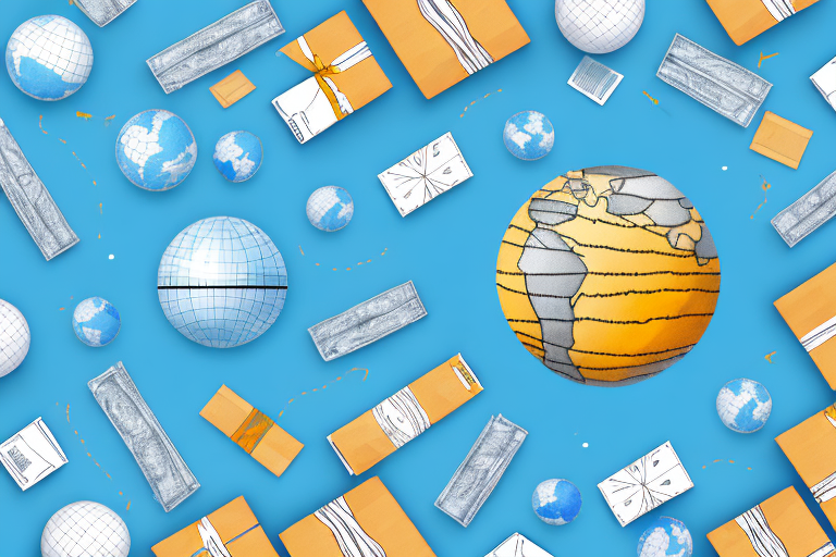 A globe with various types of packages flying out from an amazon warehouse towards different countries