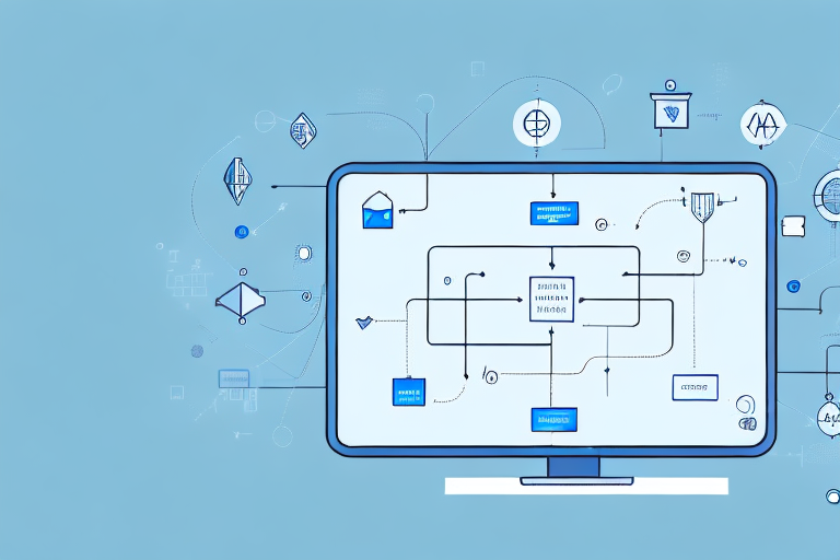 A computer with a complex flowchart on the screen