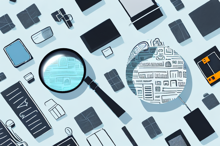 A magnifying glass hovering over a collection of diverse products like electronics
