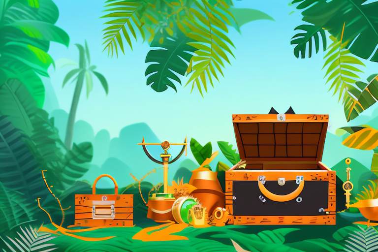 A jungle scene with a key opening a treasure chest full of amazon-inspired items