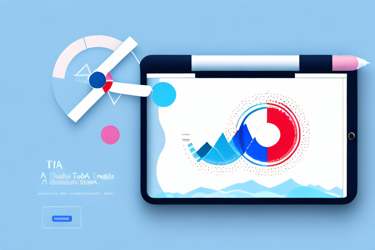 A digital tablet displaying a bar graph and pie chart representing sales data