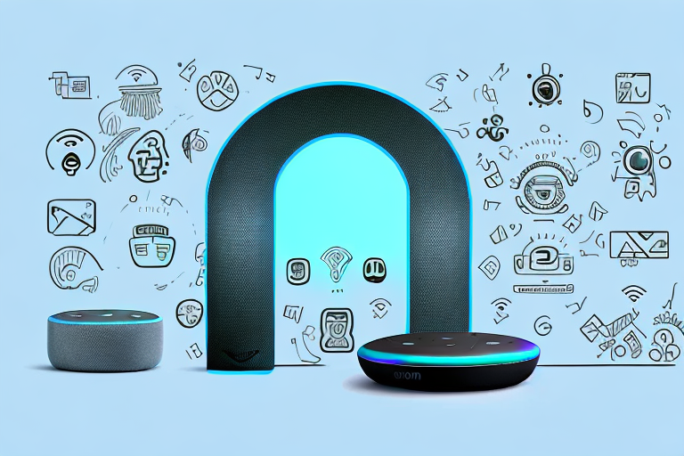 An amazon echo device surrounded by various symbols representing tasks like shopping