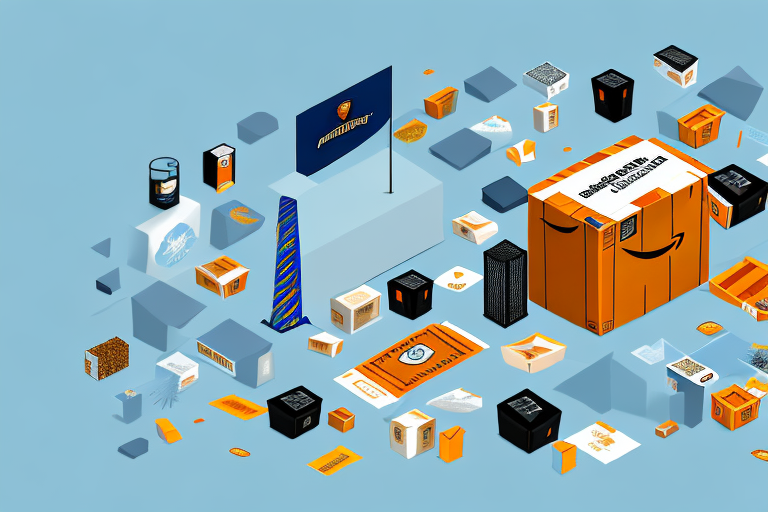 A symbolic trophy box filled with amazon-themed items like a package