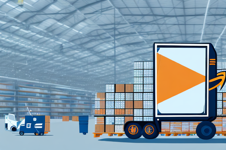 A warehouse full of variously sized packages with an amazon-branded delivery truck parked outside