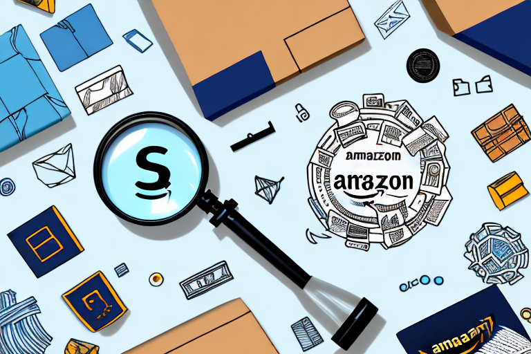 An amazon package surrounded by various ecommerce symbols and a magnifying glass focusing on it