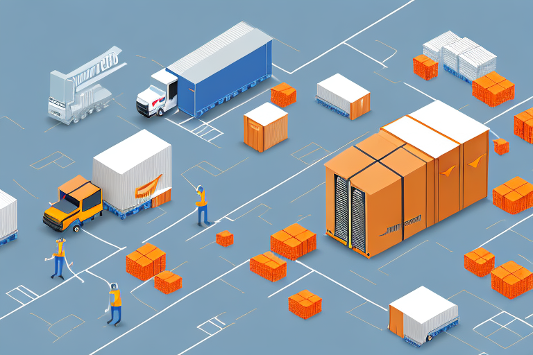 A warehouse with boxes and a delivery truck