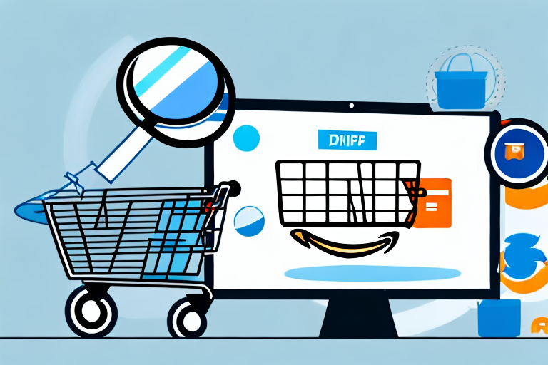 A magnifying glass over a digital shopping cart filled with products on a computer screen