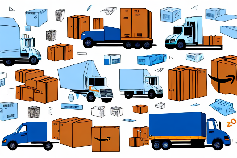 A variety of packages of different sizes being loaded onto a truck with an amazon warehouse in the background