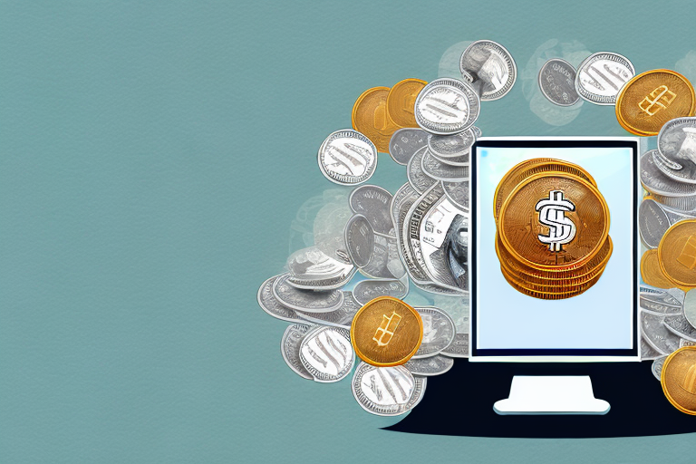 A computer screen displaying an amazon listing with coins and dollar bills flowing out of it