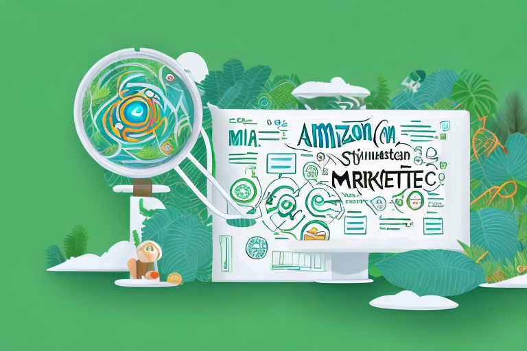 A symbolic representation of amazon (like a jungle or a river) intertwined with marketing tools (like a magnifying glass