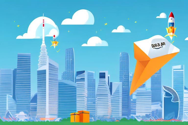A symbolic representation of an amazon package soaring upwards on rocket boosters against the backdrop of singapore's iconic skyline