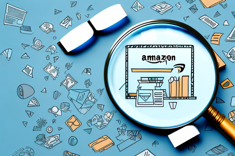 A magnifying glass hovering over a stylized amazon product page