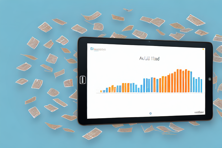 A digital tablet displaying a bar chart showing increasing sales