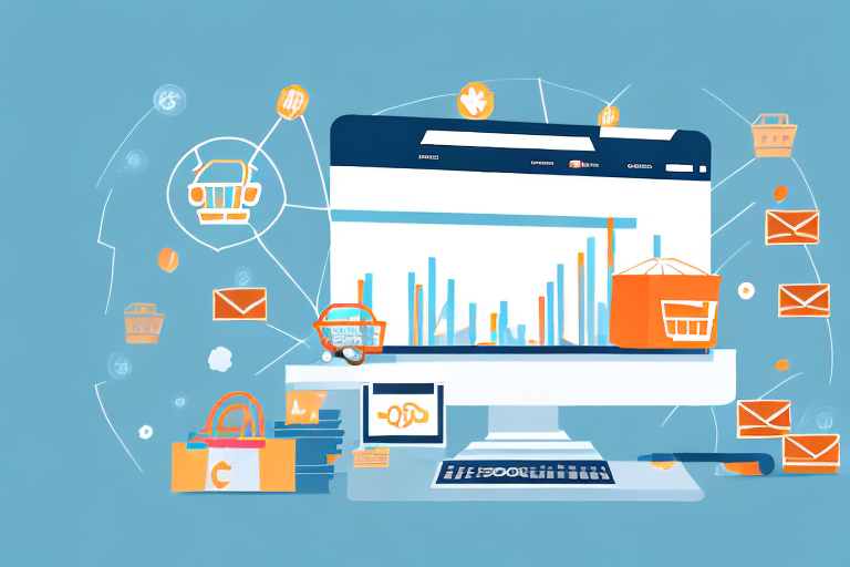 An upward trending graph with various ecommerce elements like a shopping cart